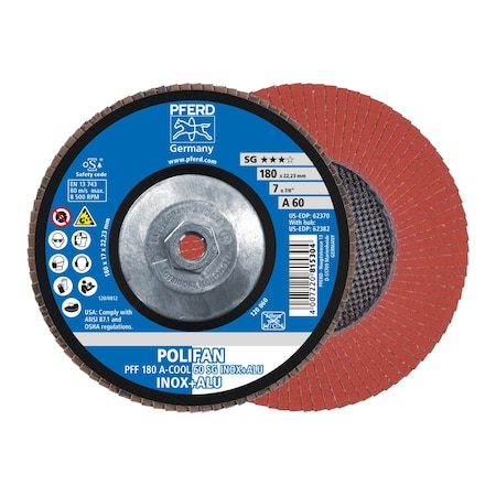 Pferd 7" x 5/8-11 Thd. POLIFAN Flap Disc - A-COOL SG INOX+ALU, Aluminum oxide, 60 Grit, Flat 62382
